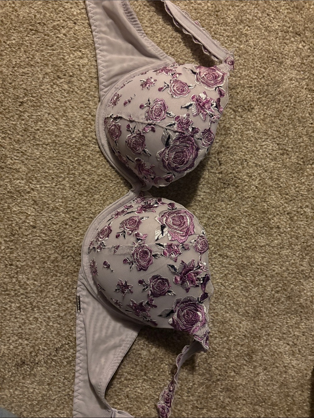 La Vie En Rose Lavender Bra with Pink Floral Embroidery
